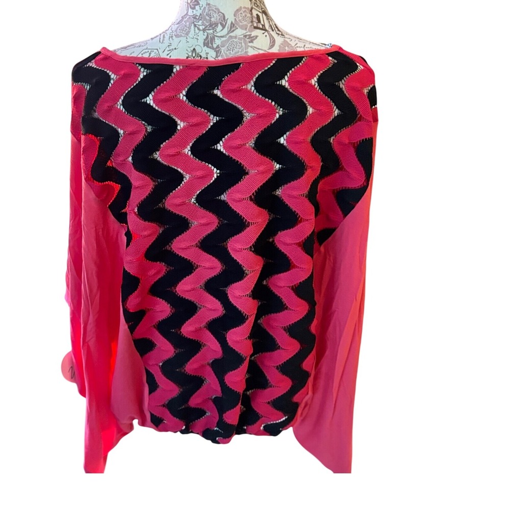 Vintage NWT $78 Women SZ L Pink Chevron Boho USA Flutter Glinda top